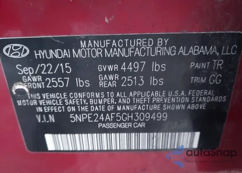 2016 Hyundai Sonata Se from USA, damaged, VIN 5NPE24AF5GH309499